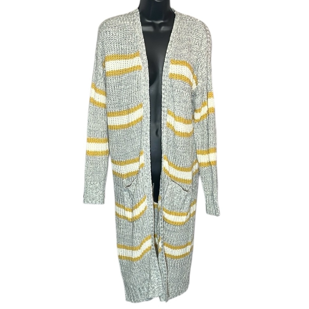 Hippie Rose Medium Gray Yellow Striped Duster Long Open Cardigan
